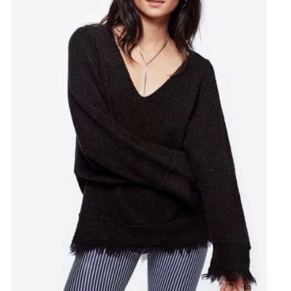 Free People Irresistible V Neck Wool Blend Fringe Hem Sweater